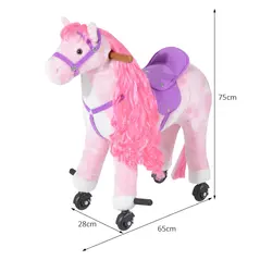 HOMCOM Plush Walking Horse Ride On Toy with Wheels and Realistic Sounds Rocking Horse for Girls Boys 2+ Years Old, 50cm Tall, Pink - 2