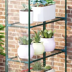 Outsunny Walk in Greenhouse with 4-Tier 8 Shelves, Green House with Hemmed Cover, Roll-up Zipped Door, Steel Frame, 143 x 73 x 195cm - 8
