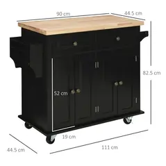HOMCOM Rolling Kitchen Island Storage Trolley with Rubber Wood Top & Drawers for Dining Room, Black - 2