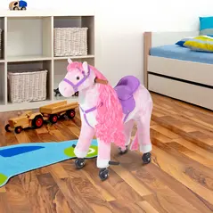 HOMCOM Plush Walking Horse Ride On Toy with Wheels and Realistic Sounds Rocking Horse for Girls Boys 2+ Years Old, 50cm Tall, Pink - 1