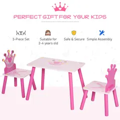 HOMCOM 3 Pcs Kids and Table Chair Set Princess & Crown Theme Home Furniture Pretty Gift 2-4 Years Pink - 5