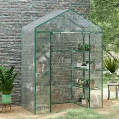Outsunny Walk in Greenhouse with 4-Tier 8 Shelves, Green House with Hemmed Cover, Roll-up Zipped Door, Steel Frame, 143 x 73 x 195cm - 1
