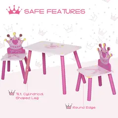 HOMCOM 3 Pcs Kids and Table Chair Set Princess & Crown Theme Home Furniture Pretty Gift 2-4 Years Pink - 3