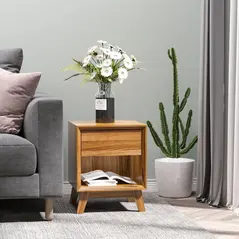 HOMCOM Modern Bedside Table Nightstand, Living Room End Table, Side Table with Drawer and Shelf, Walnut Brown - 6