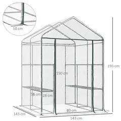Outsunny Walk in Greenhouse with 3-Tier 8 Shelves, Green House with Hemmed Cover, Roll-up Zipped Door, Steel Frame, 143 x 143 x 195cm - 2