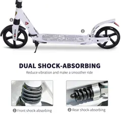 HOMCOM Folding Kick Scooter, Adjustable Ride On Scooter with 200mm Big Wheels and Double Shock Absorption, Urban Scooter for 14+ Teens Adult, White - 6