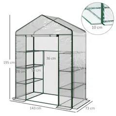 Outsunny Walk in Greenhouse with 4-Tier 8 Shelves, Green House with Hemmed Cover, Roll-up Zipped Door, Steel Frame, 143 x 73 x 195cm - 2