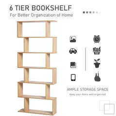 HOMCOM Bookcase, 6 Tier Shelf S Shaped Bookshelf, Storage Unit, Display Shelf for Living Room, Bedroom, Home Office, Plant, Oak - 4
