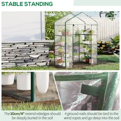 Outsunny Walk in Greenhouse with 4-Tier 8 Shelves, Green House with Hemmed Cover, Roll-up Zipped Door, Steel Frame, 143 x 73 x 195cm - 5