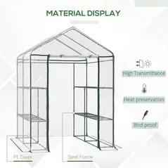 Outsunny Walk in Greenhouse with 3-Tier 8 Shelves, Green House with Hemmed Cover, Roll-up Zipped Door, Steel Frame, 143 x 143 x 195cm - 3