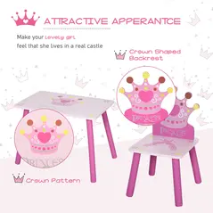HOMCOM 3 Pcs Kids and Table Chair Set Princess & Crown Theme Home Furniture Pretty Gift 2-4 Years Pink - 6