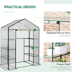 Outsunny Walk in Greenhouse with 4-Tier 8 Shelves, Green House with Hemmed Cover, Roll-up Zipped Door, Steel Frame, 143 x 73 x 195cm - 4