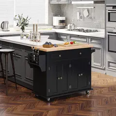 HOMCOM Rolling Kitchen Island Storage Trolley with Rubber Wood Top & Drawers for Dining Room, Black - 1