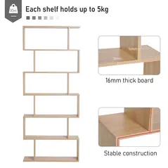 HOMCOM Bookcase, 6 Tier Shelf S Shaped Bookshelf, Storage Unit, Display Shelf for Living Room, Bedroom, Home Office, Plant, Oak - 3