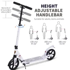 HOMCOM Folding Kick Scooter, Adjustable Ride On Scooter with 200mm Big Wheels and Double Shock Absorption, Urban Scooter for 14+ Teens Adult, White - 3