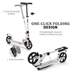 HOMCOM Folding Kick Scooter, Adjustable Ride On Scooter with 200mm Big Wheels and Double Shock Absorption, Urban Scooter for 14+ Teens Adult, White - 5