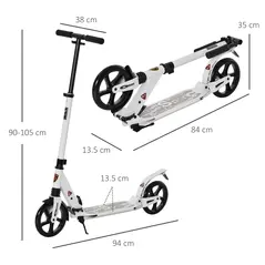 HOMCOM Folding Kick Scooter, Adjustable Ride On Scooter with 200mm Big Wheels and Double Shock Absorption, Urban Scooter for 14+ Teens Adult, White - 2