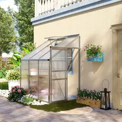 Outsunny 6 x 4ft Lean to Wall Polycarbonate Greenhouse Aluminium Walk-in Garden Greenhouse with Adjustable Roof Vent, Rain Gutter and Sliding Door, Clear - 1