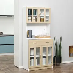 HOMCOM Modern Kitchen Cupboard, Freestanding Storage Cabinet Hutch with Central Drawer, 2 Glass Door Cabinets and Countertop, 180cm - 1