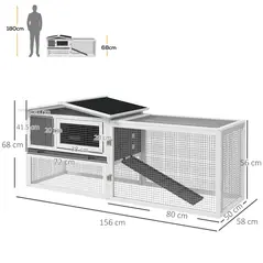 PawHut Rabbit Hutch with Run Wooden Guinea Pig Hutch Outdoor Bunny Cage Hide House with Sliding Tray, Hay Rack, Ramp, 156 x 58 x 68cm, Grey - 2