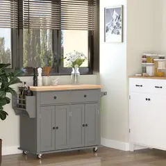HOMCOM Rolling Kitchen Island Storage Trolley with Rubber Wood Top & Drawers for Dining Room, Grey - 1