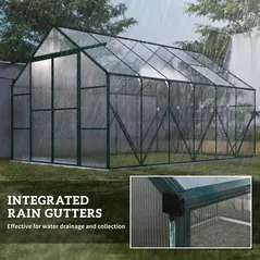 Outsunny 8 x 12ft Aluminium Greenhouse Polycarbonate Walk-in Garden Greenhouse Kit with Adjustable Roof Vent, Double Sliding Door, Rain Gutter and Foundation, Clear - 6