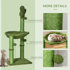 PawHut Cactus Cat Tree Tower for Indoor Cats Sisal Scratching Post with Hammock Bed Dangling Ball 40 x 40 x 96 cm - 5