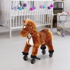 HOMCOM Rocking Horse Kids Ride on Walking Horse Animal Pony Wheeled Riding Plush Toy w/Sound for 2 Years and Up (Brown) - 1