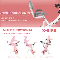 HOMCOM 2-in-1 Folding Exercise Bike with 8-Level Magnetic Resistance, Arm Resistance Band, Pulse Sensor, Pink - 4