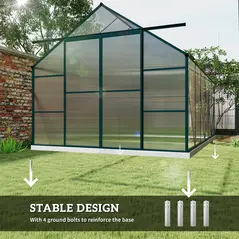 Outsunny 8 x 12ft Aluminium Greenhouse Polycarbonate Walk-in Garden Greenhouse Kit with Adjustable Roof Vent, Double Sliding Door, Rain Gutter and Foundation, Clear - 5