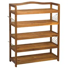 HOMCOM 5-Tier Shoe Rack, Acacia Wooden Shoe Storage Organiser with Hangers, Holds up to 19 Pairs, for Entryway, Living Room, 64 x 26 x 82 cm, Teak - 1