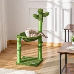 PawHut Cactus Cat Tree Tower for Indoor Cats Sisal Scratching Post with Hammock Bed Dangling Ball 40 x 40 x 96 cm - 1