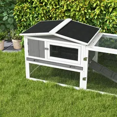 PawHut Rabbit Hutch with Run Wooden Guinea Pig Hutch Outdoor Bunny Cage Hide House with Sliding Tray, Hay Rack, Ramp, 156 x 58 x 68cm, Grey - 8