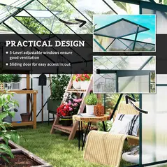 Outsunny 8 x 12ft Aluminium Greenhouse Polycarbonate Walk-in Garden Greenhouse Kit with Adjustable Roof Vent, Double Sliding Door, Rain Gutter and Foundation, Clear - 4