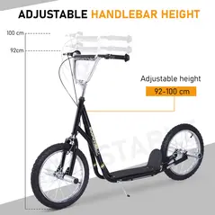 HOMCOM Stunt Scooter, Kids Scooter with 16" Big Wheels, Adjustable Height, Dual Brakes, for Ages 5+ Years, Black - 3