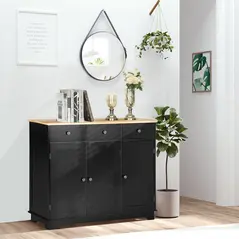 HOMCOM Sideboard with Rubberwood Top and Adjustable Shelves for Dining Room, Kitchen - Black - 1
