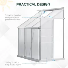 Outsunny 6 x 4ft Lean to Wall Polycarbonate Greenhouse Aluminium Walk-in Garden Greenhouse with Adjustable Roof Vent, Rain Gutter and Sliding Door, Clear - 4