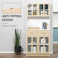 HOMCOM Modern Kitchen Cupboard, Freestanding Storage Cabinet Hutch with Central Drawer, 2 Glass Door Cabinets and Countertop, 180cm - 7