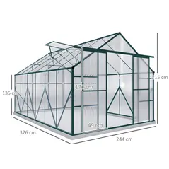 Outsunny 8 x 12ft Aluminium Greenhouse Polycarbonate Walk-in Garden Greenhouse Kit with Adjustable Roof Vent, Double Sliding Door, Rain Gutter and Foundation, Clear - 2