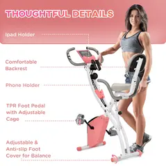 HOMCOM 2-in-1 Folding Exercise Bike with 8-Level Magnetic Resistance, Arm Resistance Band, Pulse Sensor, Pink - 8