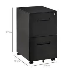 Vinsetto Metal Mobile File Cabinet with Wheels, Lockable 2 Drawer Filing Cabinet for A4, Legal, Letter, Compact Under Desk Storage Unit with Pre-Assembled Body for Home Office, 39 x 48 x 67cm, Black - 2
