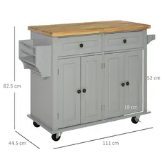 HOMCOM Rolling Kitchen Island Storage Trolley with Rubber Wood Top & Drawers for Dining Room, Grey - 2