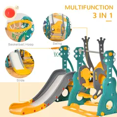HOMCOM 3-IN-1 Kids Swing and Slide Set with Basketball Hoop Slide Swing Adjustable Seat Height Toddler Playground Activity Center Indoor and Outdoor Play Equipment - 3