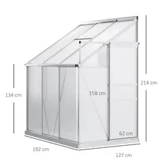 Outsunny 6 x 4ft Lean to Wall Polycarbonate Greenhouse Aluminium Walk-in Garden Greenhouse with Adjustable Roof Vent, Rain Gutter and Sliding Door, Clear - 2