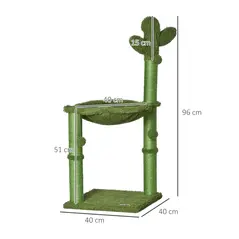 PawHut Cactus Cat Tree Tower for Indoor Cats Sisal Scratching Post with Hammock Bed Dangling Ball 40 x 40 x 96 cm - 2