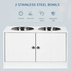 PawHut Raised Pet Feeder, with Two Bowls, Storage - White - 3