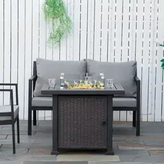 Outsunny Square Propane Gas Fire Pit Table, 50000 BTU Rattan Smokeless Firepit Patio Heater with Glass Screen, Glass Beads and Lid, 81cm x 81cm x 64cm, Black - 1