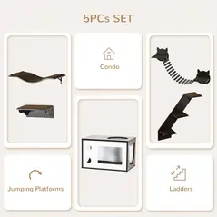 PawHut 5 Piece Cat Wall Shelves, Wall-Mounted Cat Tree for Indoor Use - Brown - 4