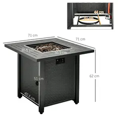 Outsunny Square Propane Gas Fire Pit Table, 40000 BTU Rattan Smokeless Firepit Patio Heater with Protective Cover, Glass beads and Lid, 71cm x 71cm x 63cm, Black - 2
