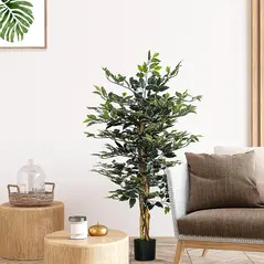 HOMCOM 4.5ft Ficus Artificial Plant with Realistic Leaves, Potted Fake Tree for Home Office Indoor Decor, Green - 1